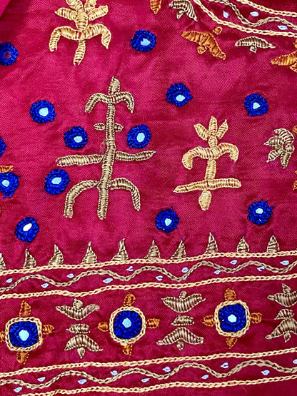 Handcrafted raspberry pink Pakko embroidery blouse piece inspired by Kutch textile traditions