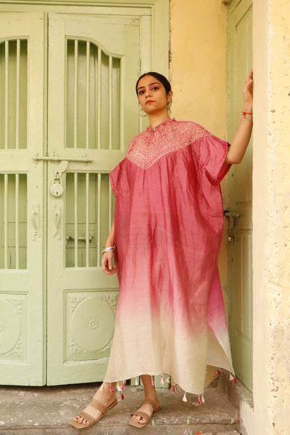 Handcrafted rose bloom silk kaftan featuring traditional Bandhani and Shibori textile artistry