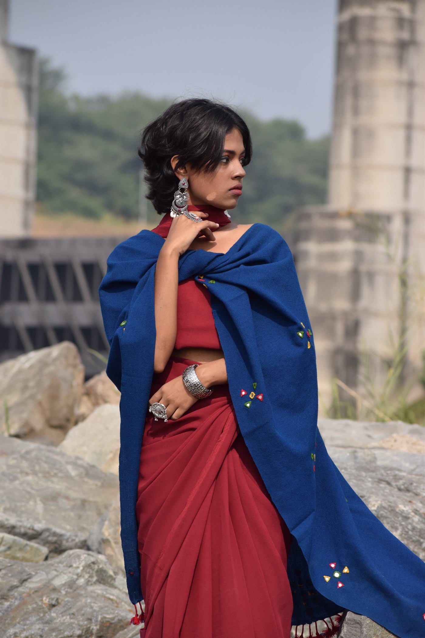 Traditional royal blue wool stole showcasing skilled artisan weaving and timeless appeal