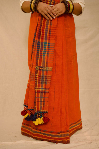 Elegant rust Bhujodi saree woven in sustainable Kala Cotton with intricate artisan detailing