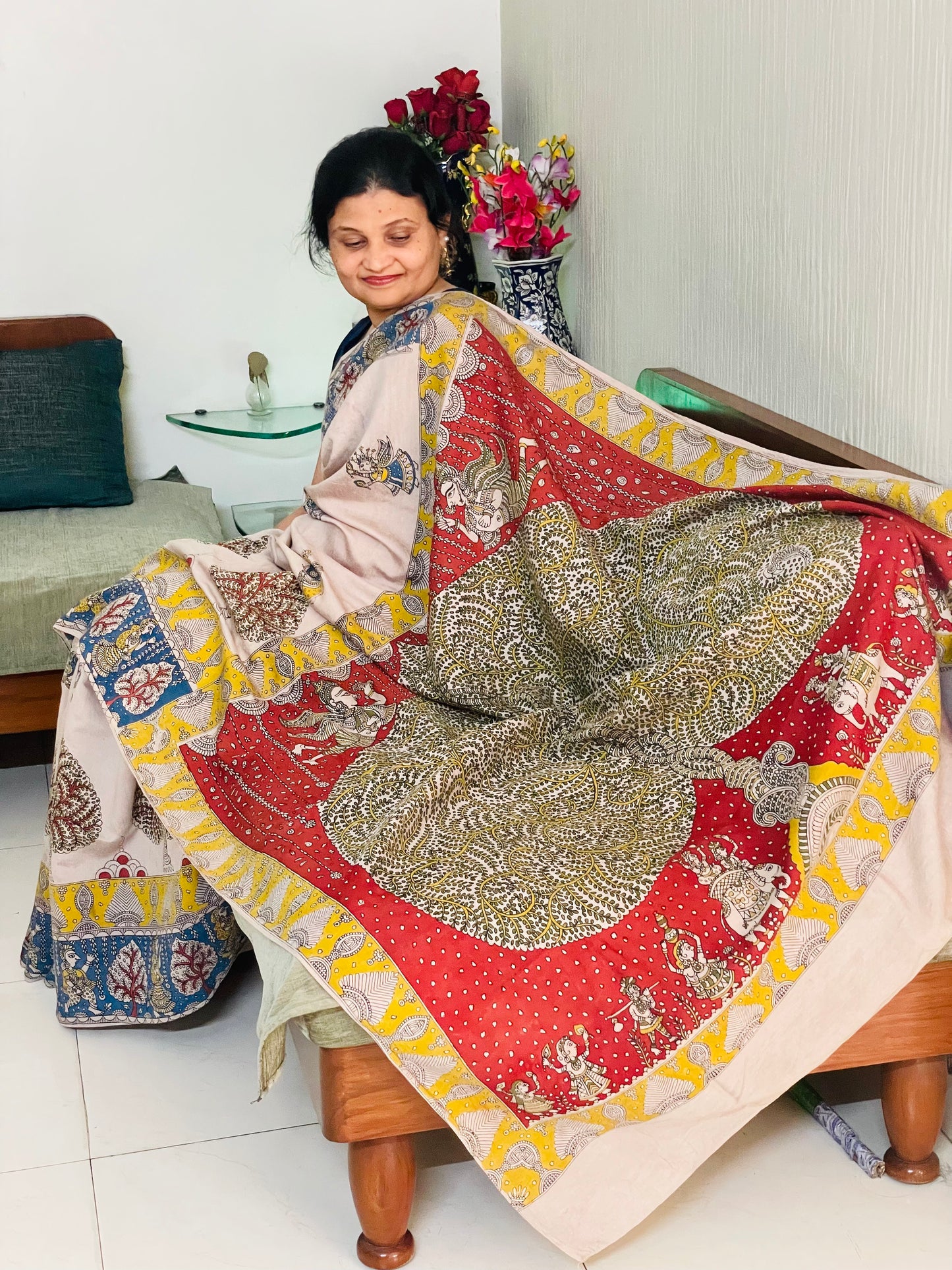 Elegant sandstone saree showcasing detailed Mata Ni Pachedi artwork created by skilled artisans