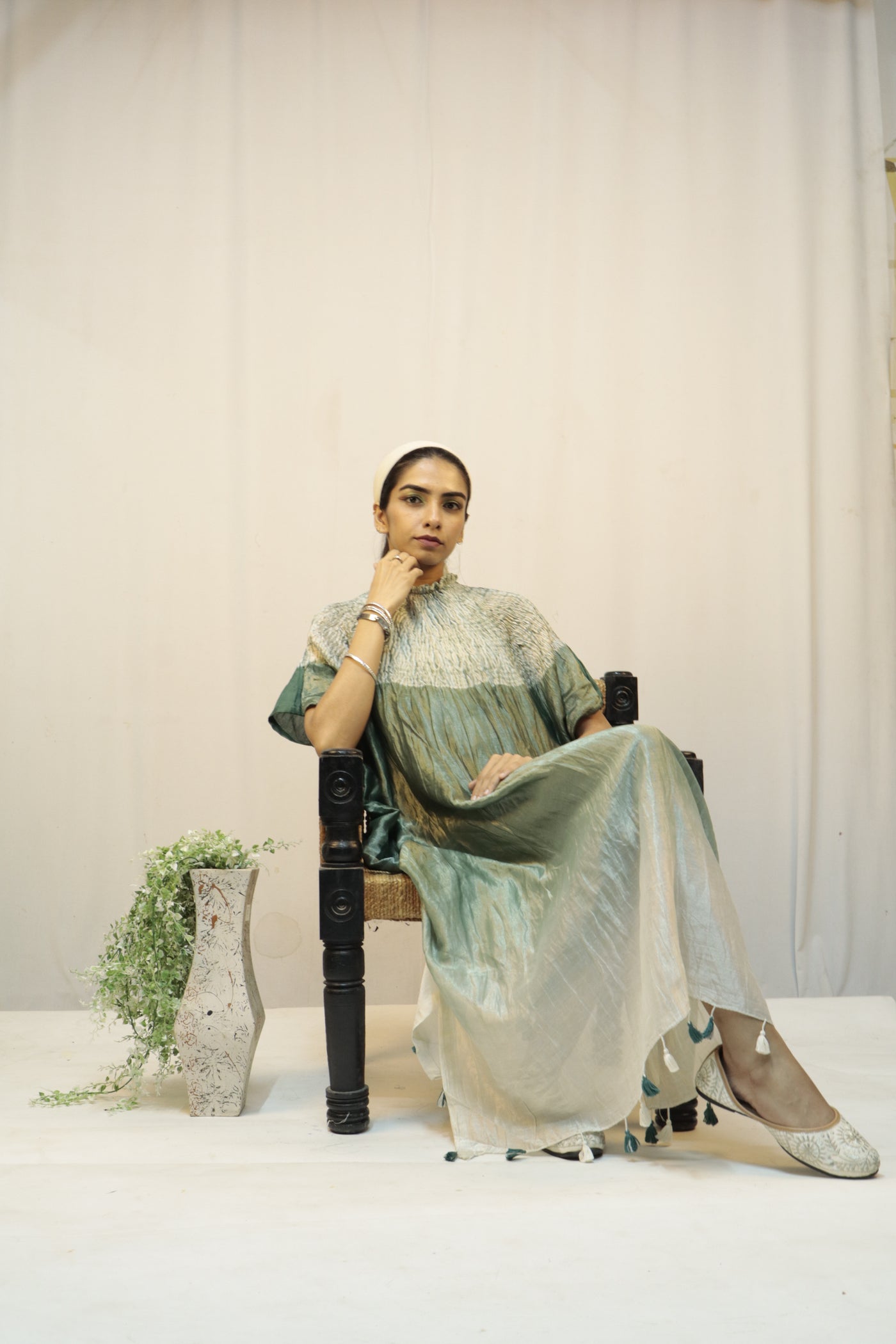 Handcrafted sea fern silk kaftan featuring traditional Bandhani and Shibori textile artistry