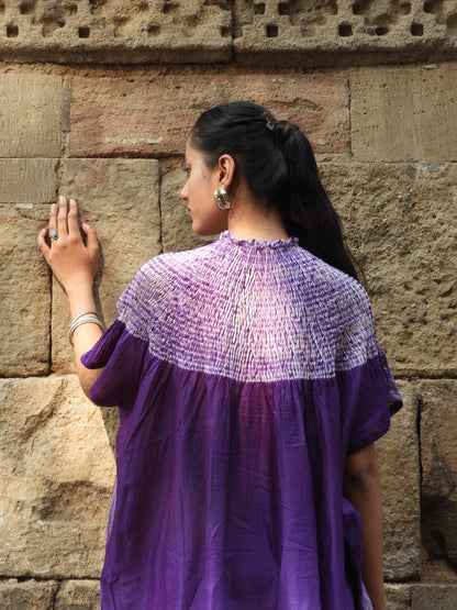 Handcrafted splendid violet silk kaftan featuring traditional Bandhani and Shibori textile artistry