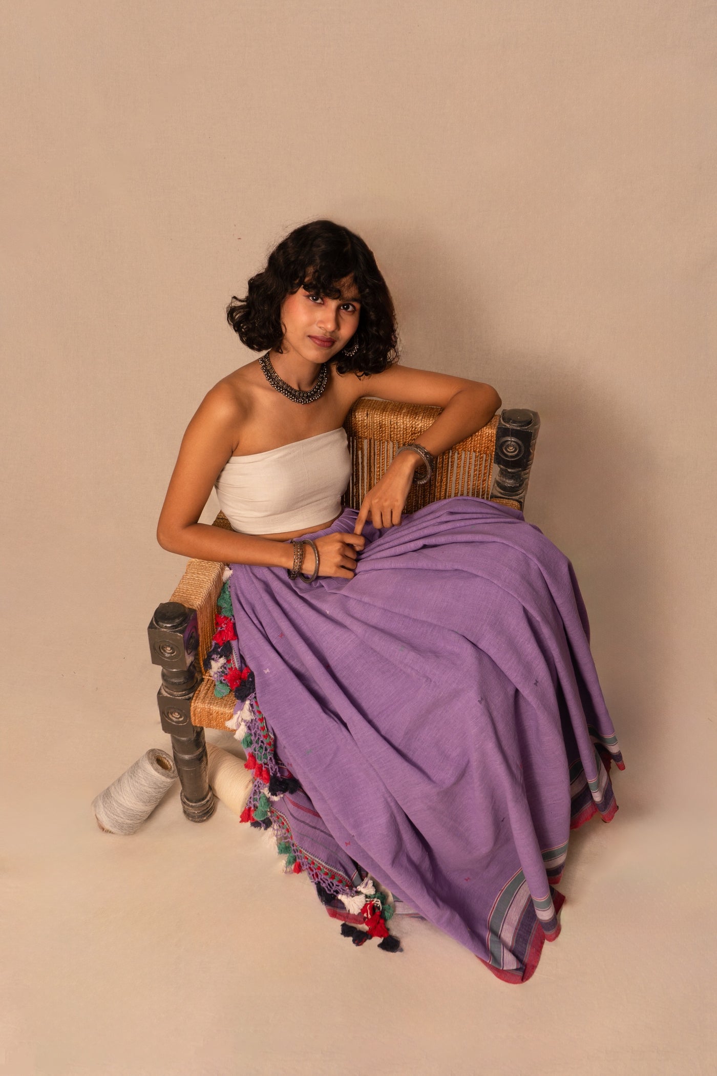 Elegant violet Bhujodi saree woven in sustainable Kala Cotton with intricate artisan detailing