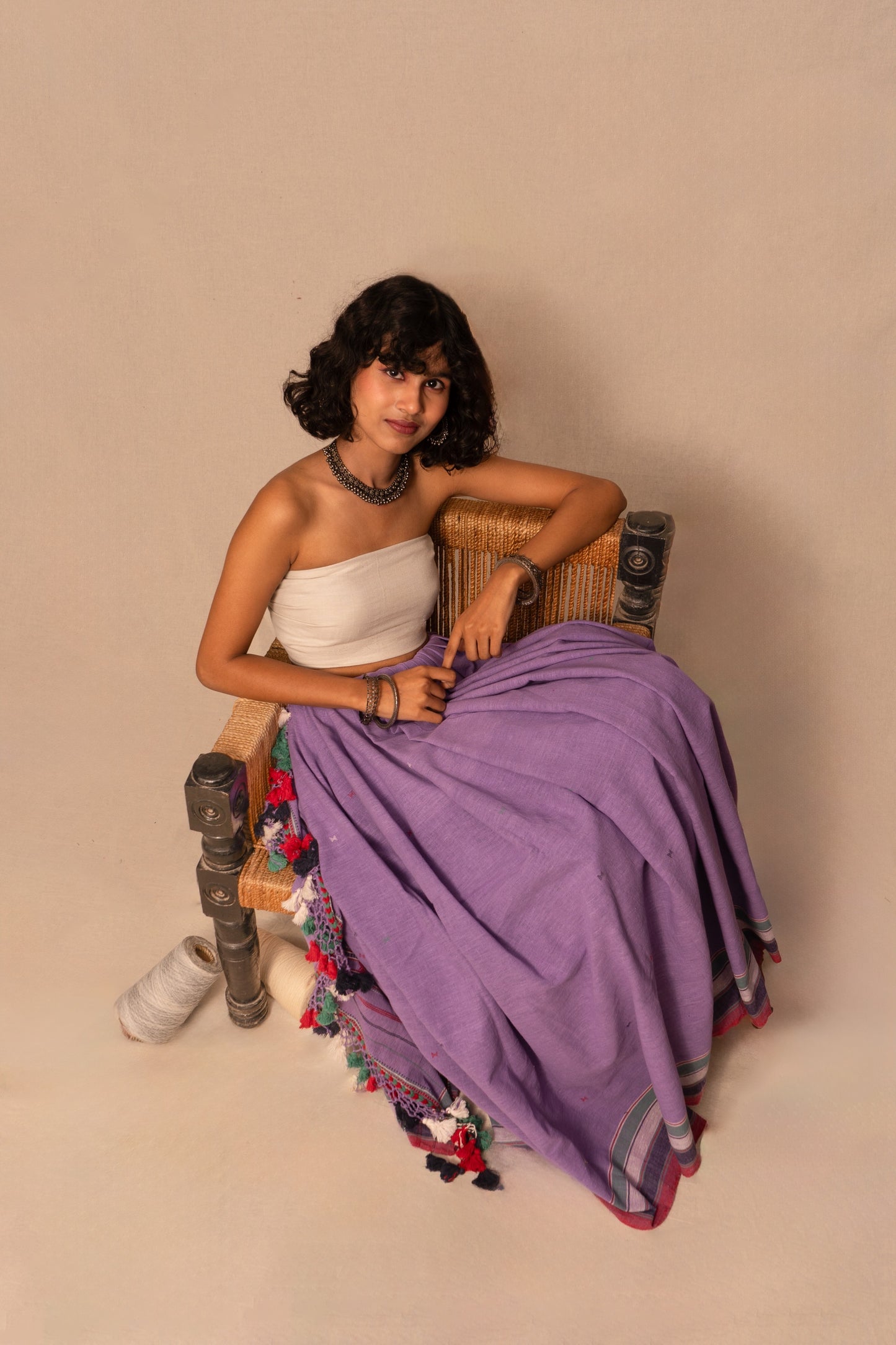 Elegant violet Bhujodi saree woven in sustainable Kala Cotton with intricate artisan detailing