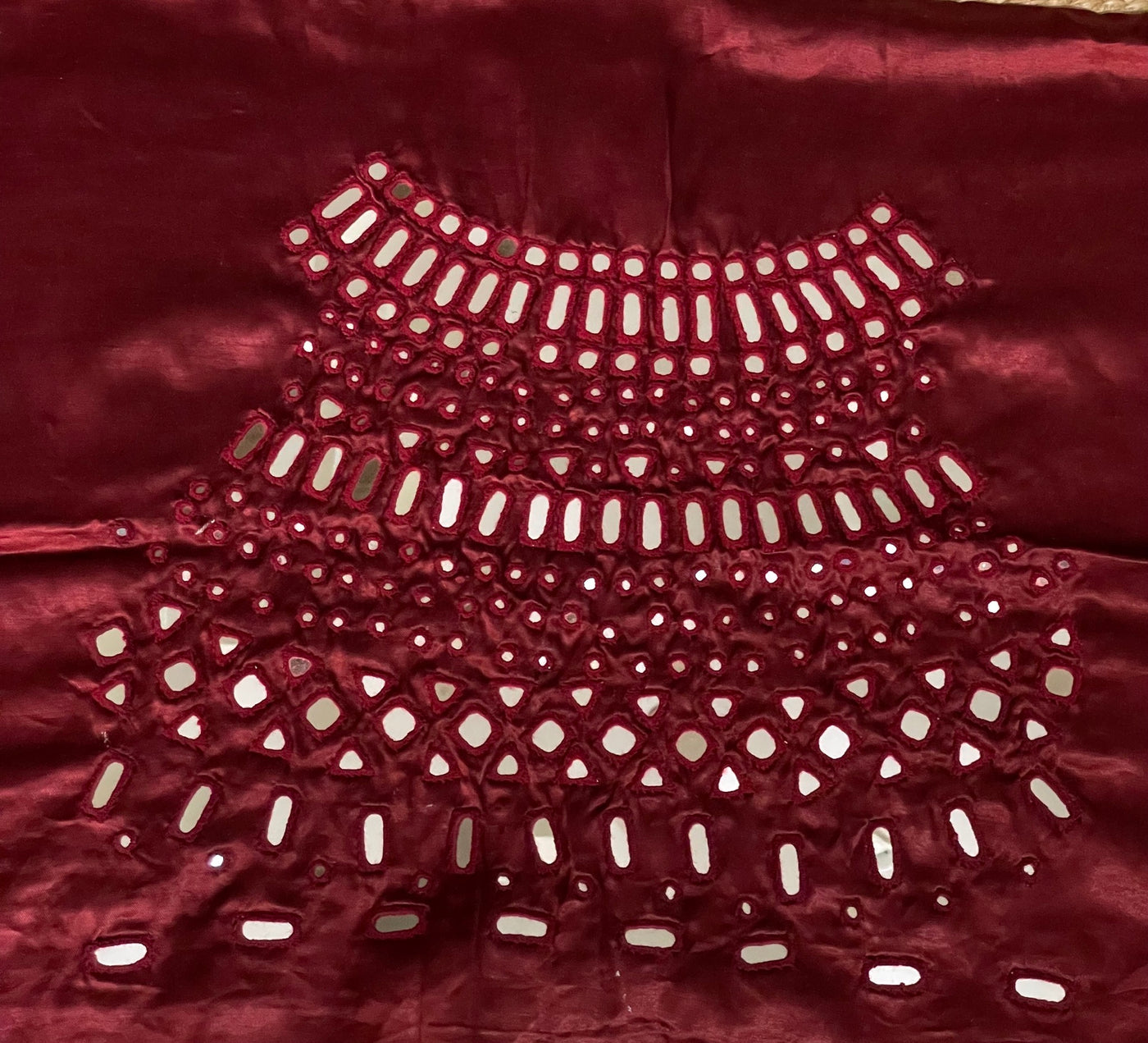 Premium wine burgundy blouse piece adorned with decorative mirror accents