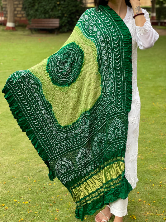 Luxurious emerald green Bandhani dupatta crafted in soft and lustrous Gajji silk