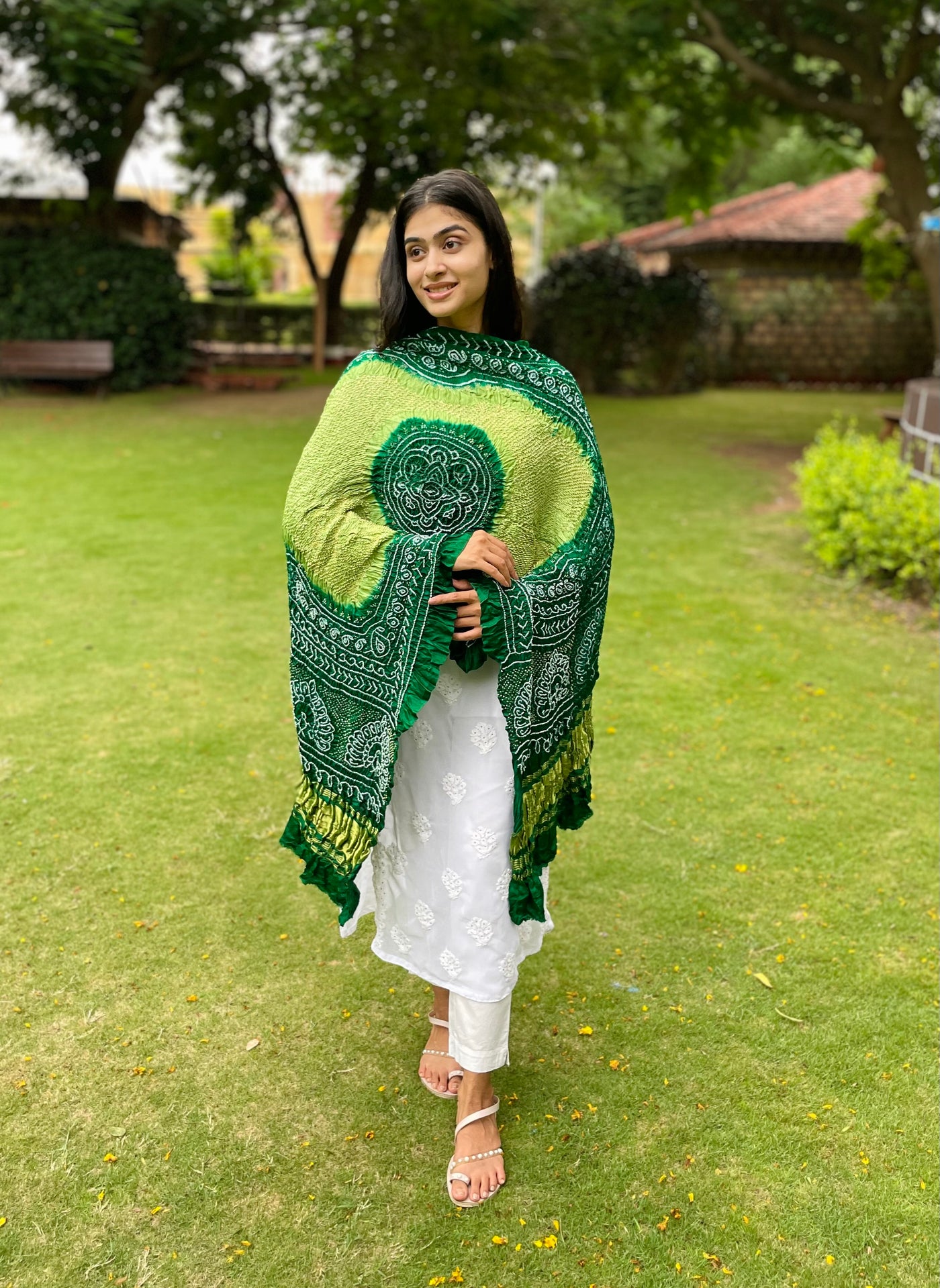 Traditional emerald green Bandhani Gajji silk dupatta with intricate artisanal patterns