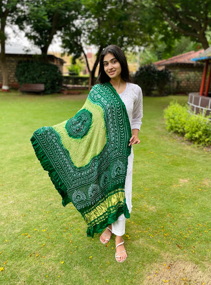 Ethnic emerald green Gajji silk dupatta showcasing authentic Bandhani artistry