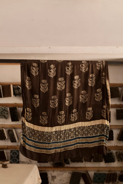 Espresso brown Ajrakh modal silk dupatta featuring intricate hand block printed motifs and elegant drape