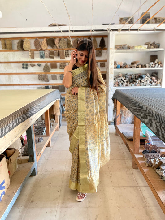 Ajrakh Tussar Silk Saree