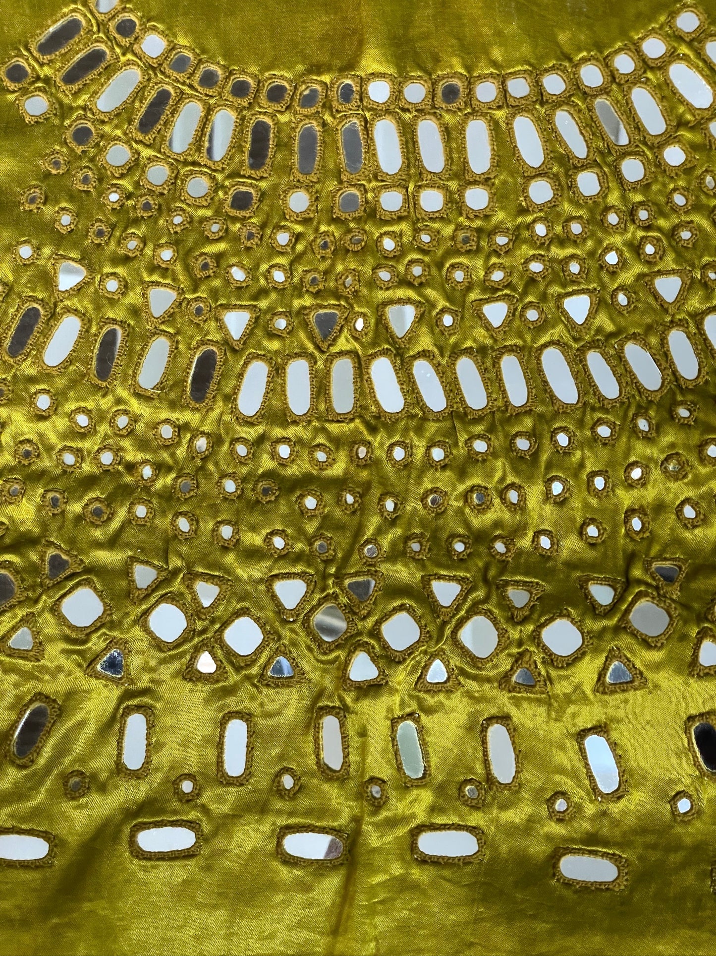 Elegant olive gold blouse piece with intricate artisan mirror work embroidery