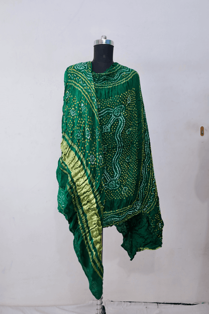 Forest green Bandhani Gajji silk dupatta featuring traditional tie-dye craftsmanship and elegant drape