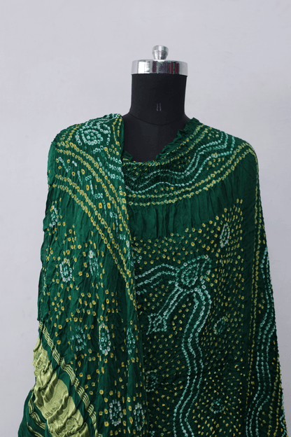 Ethnic forest green Gajji silk dupatta showcasing authentic Bandhani artistry