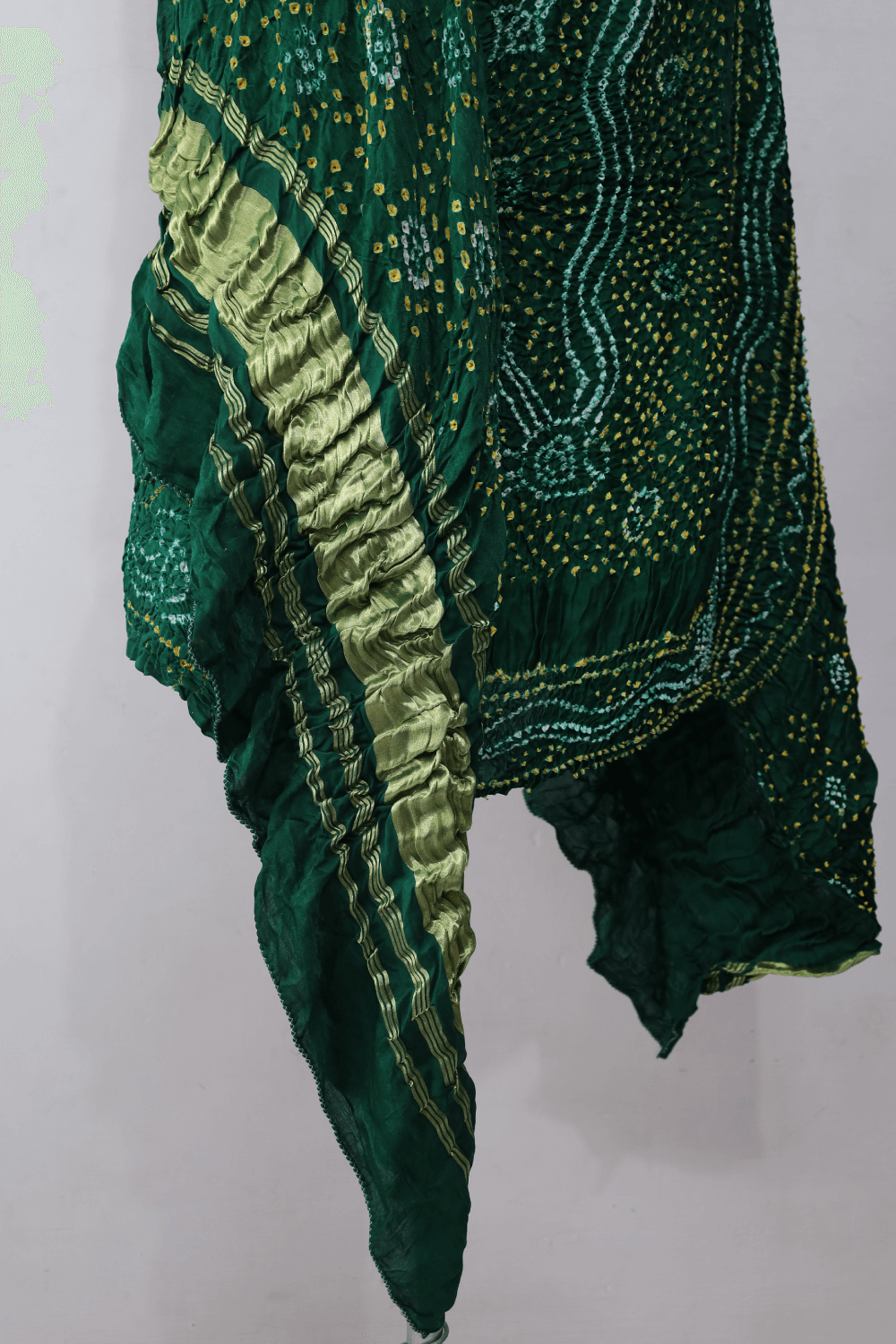 Traditional forest green Bandhani Gajji silk dupatta with intricate artisanal patterns