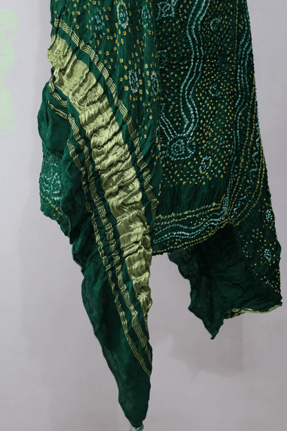 Traditional forest green Bandhani Gajji silk dupatta with intricate artisanal patterns