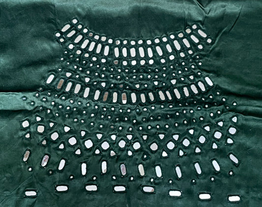 Forest green mirror work blouse piece showcasing intricate handcrafted embellishments