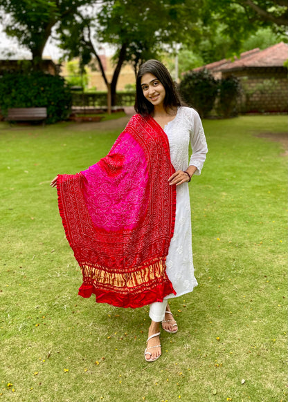 Handcrafted fuchsia pink Bandhani dupatta made from premium Gajji silk fabric