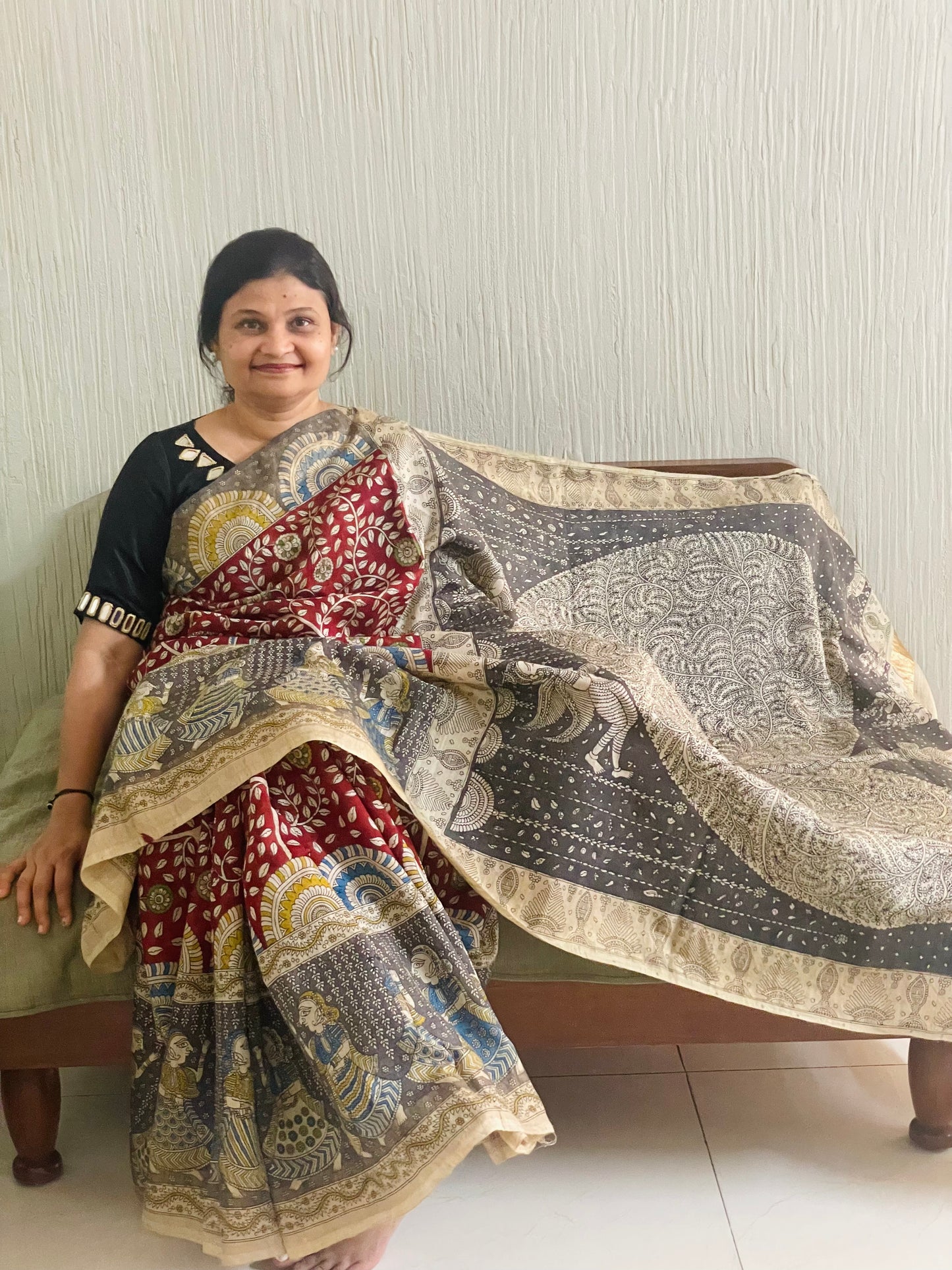 Grey handpainted Mata Ni Pachedi saree featuring traditional sacred motifs and intricate artisan detailing