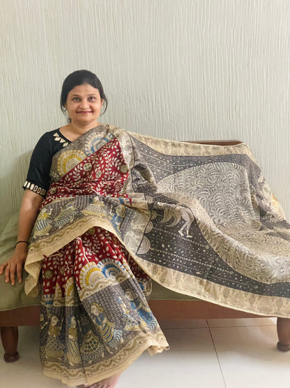 Grey handpainted Mata Ni Pachedi saree featuring traditional sacred motifs and intricate artisan detailing