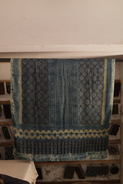 Handcrafted aqua blue Ajrakh dupatta made from premium modal silk fabric
