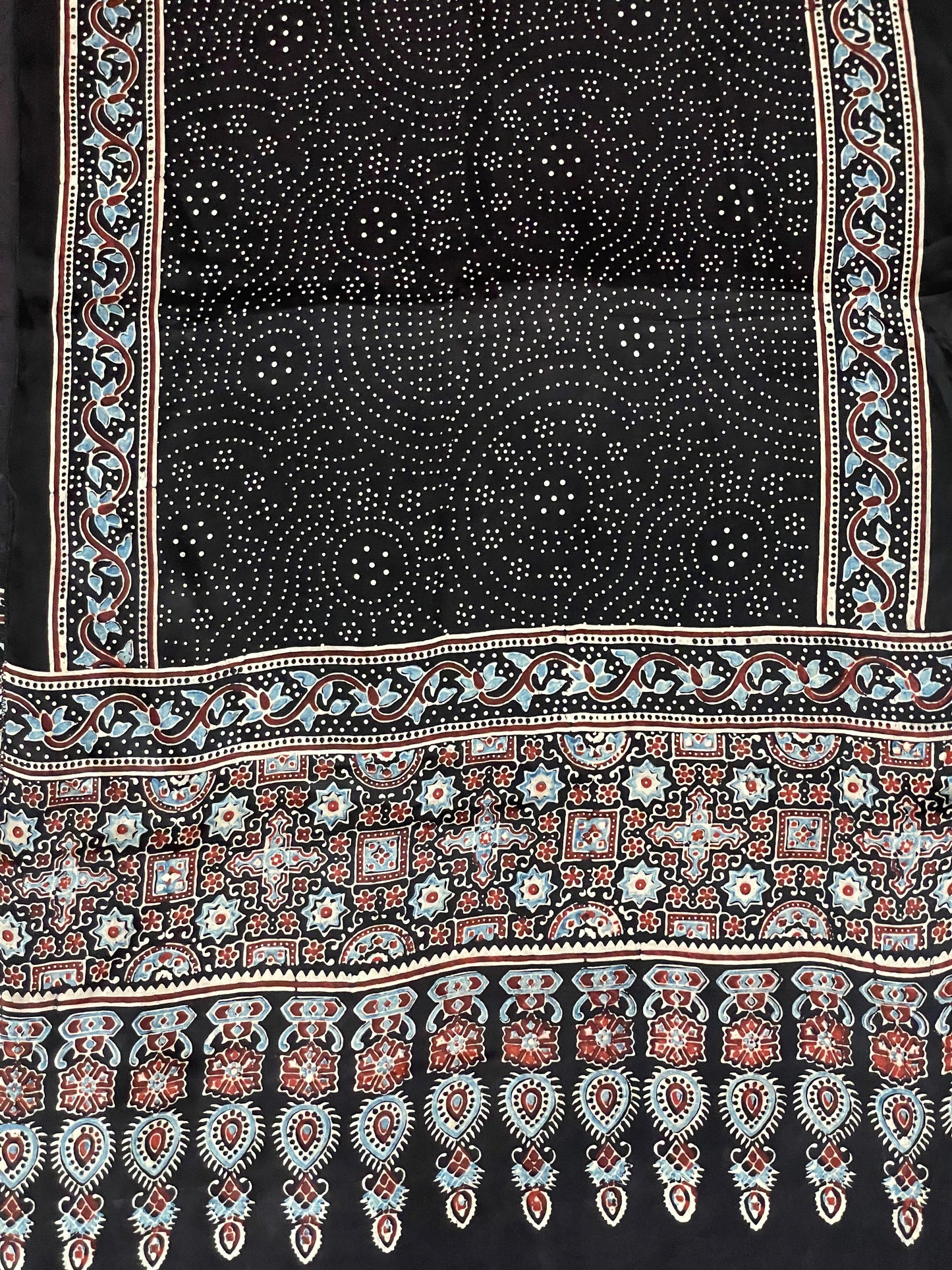 Handcrafted black Ajrakh stole made from premium modal silk fabric