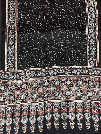 Handcrafted black Ajrakh stole made from premium modal silk fabric