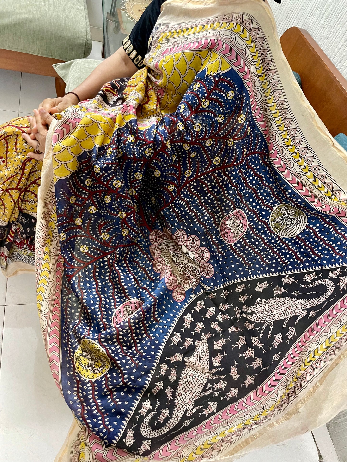 Traditional bloom Mata Ni Pachedi saree with vibrant handpainted motifs and graceful artisanal craftsmanship