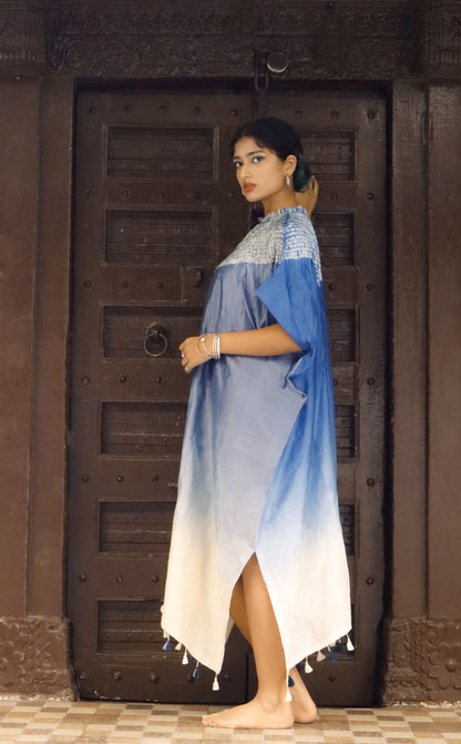 Traditional Bandhani Shibori silk kaftan highlighting rich craftsmanship and contemporary elegance