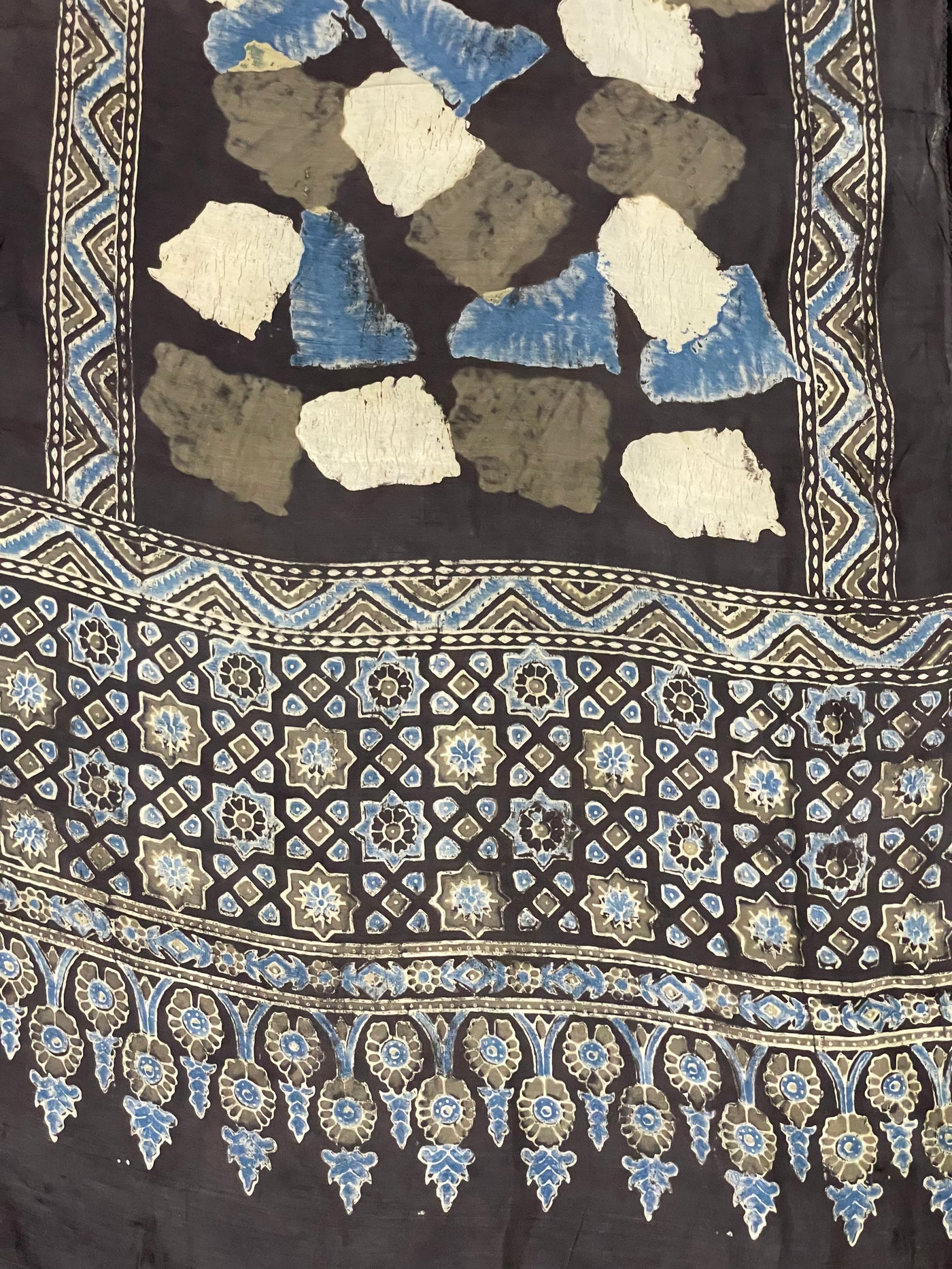 Handcrafted dark olive green Ajrakh stole made from premium modal silk fabric