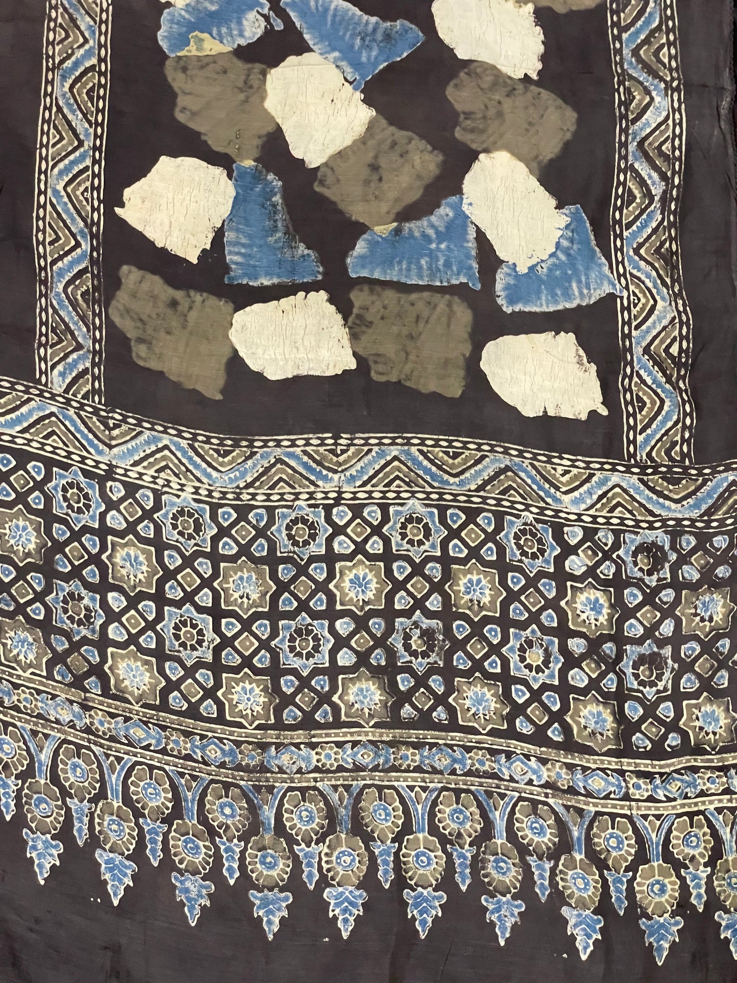 Handcrafted dark olive green Ajrakh stole made from premium modal silk fabric