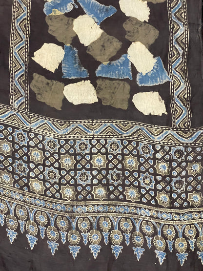 Handcrafted dark olive green Ajrakh stole made from premium modal silk fabric