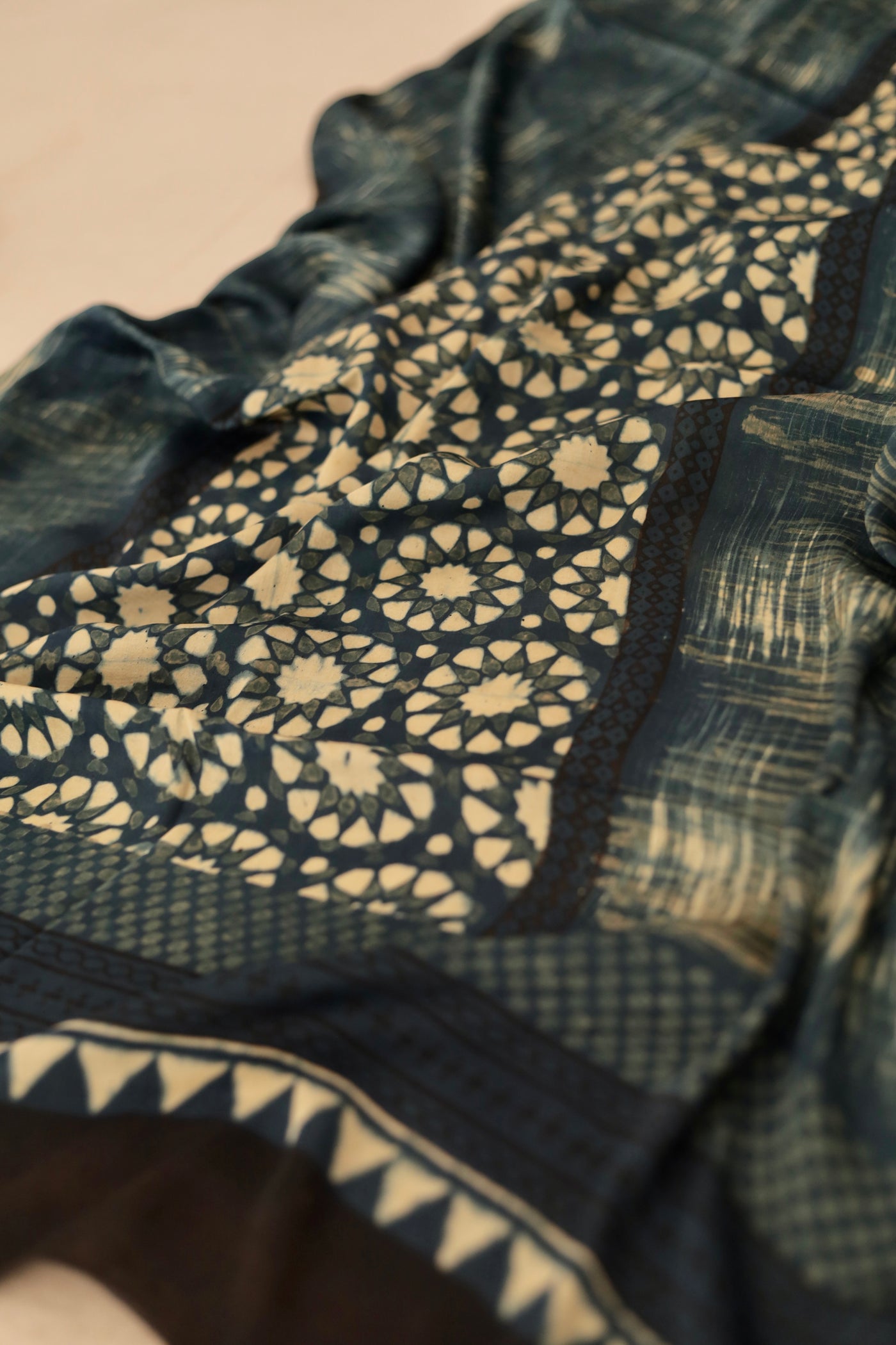 Handcrafted dusty indigo Ajrakh dupatta made from premium modal silk fabric