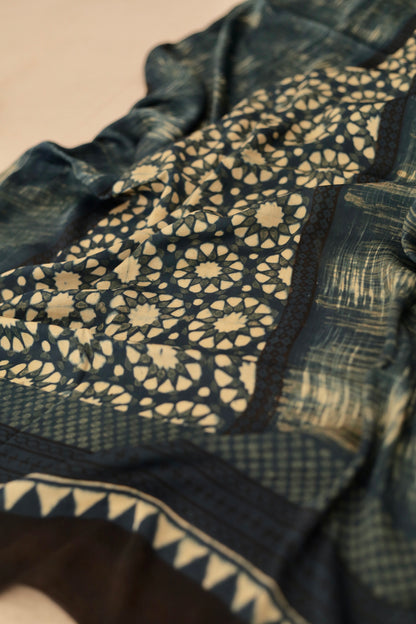 Handcrafted dusty indigo Ajrakh dupatta made from premium modal silk fabric