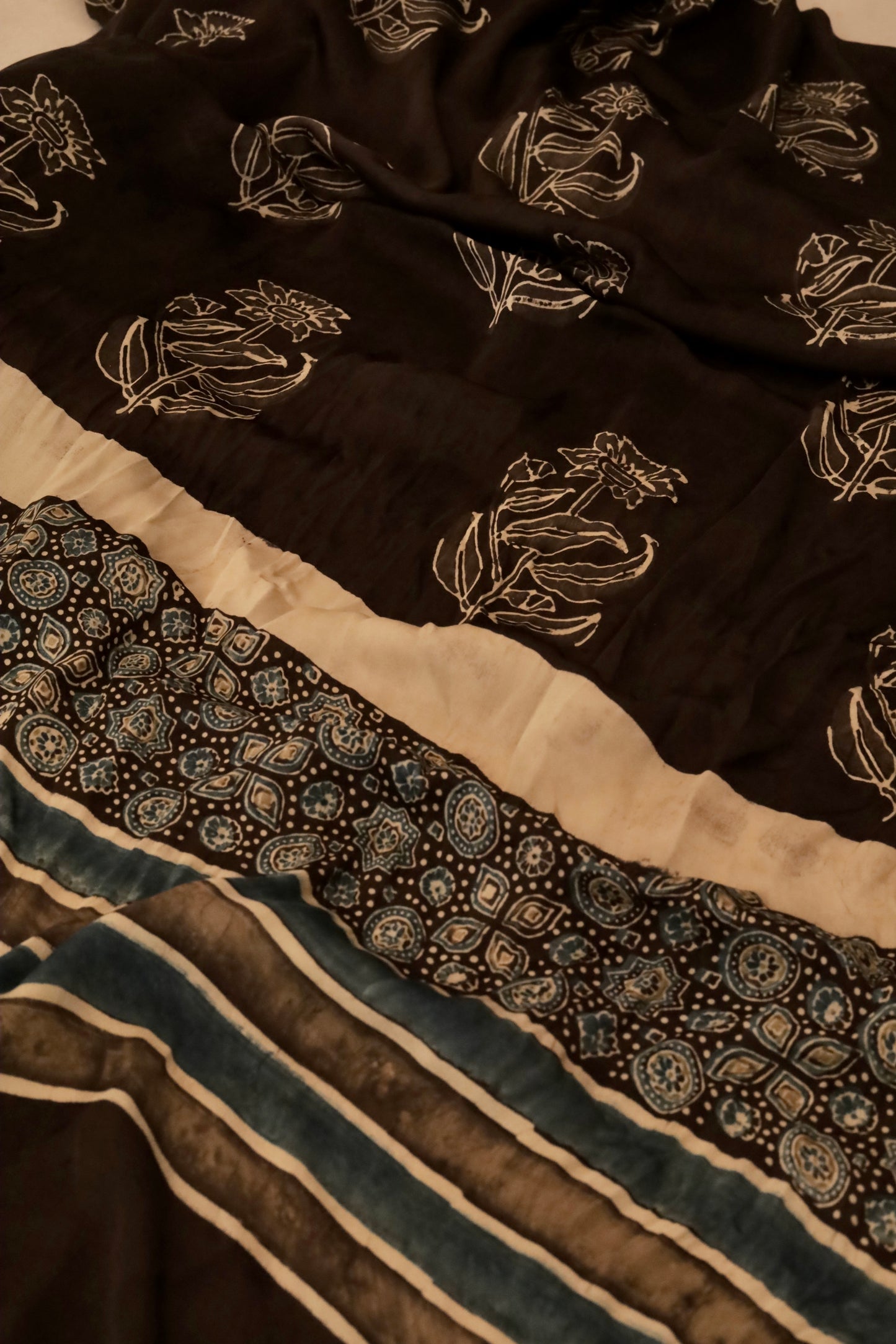 Handcrafted espresso brown Ajrakh dupatta made from premium modal silk fabric