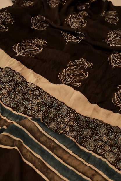 Handcrafted espresso brown Ajrakh dupatta made from premium modal silk fabric