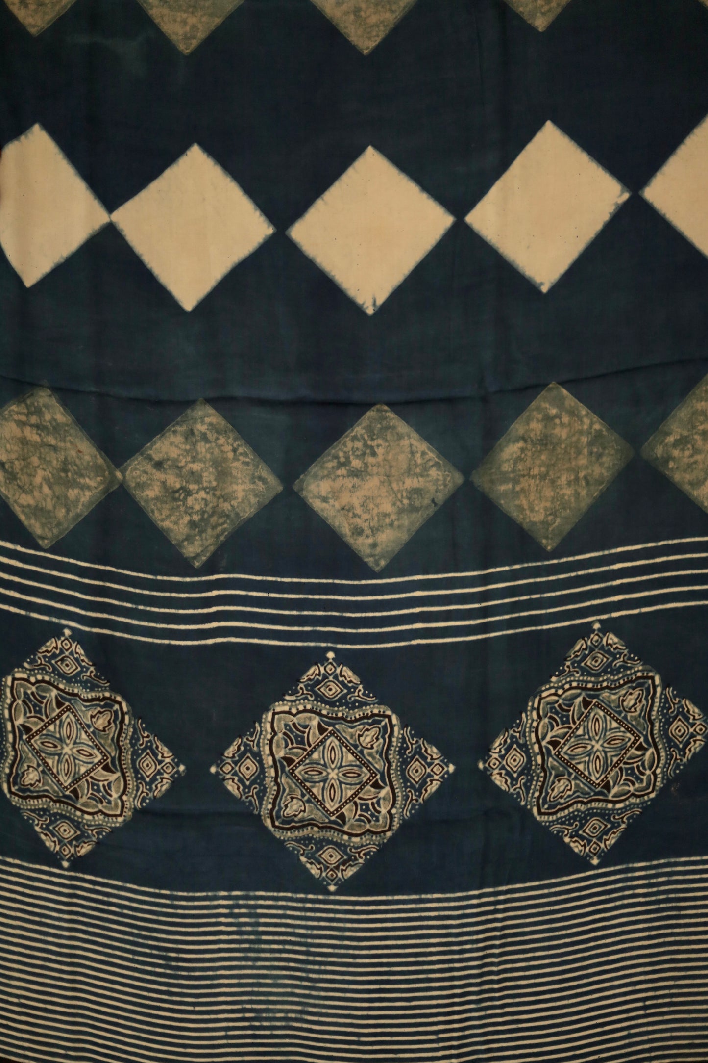 Traditional indigo mint Ajrakh modal silk dupatta showcasing authentic artisan craftsmanship
