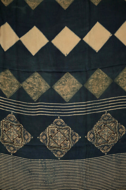 Traditional indigo mint Ajrakh modal silk dupatta showcasing authentic artisan craftsmanship