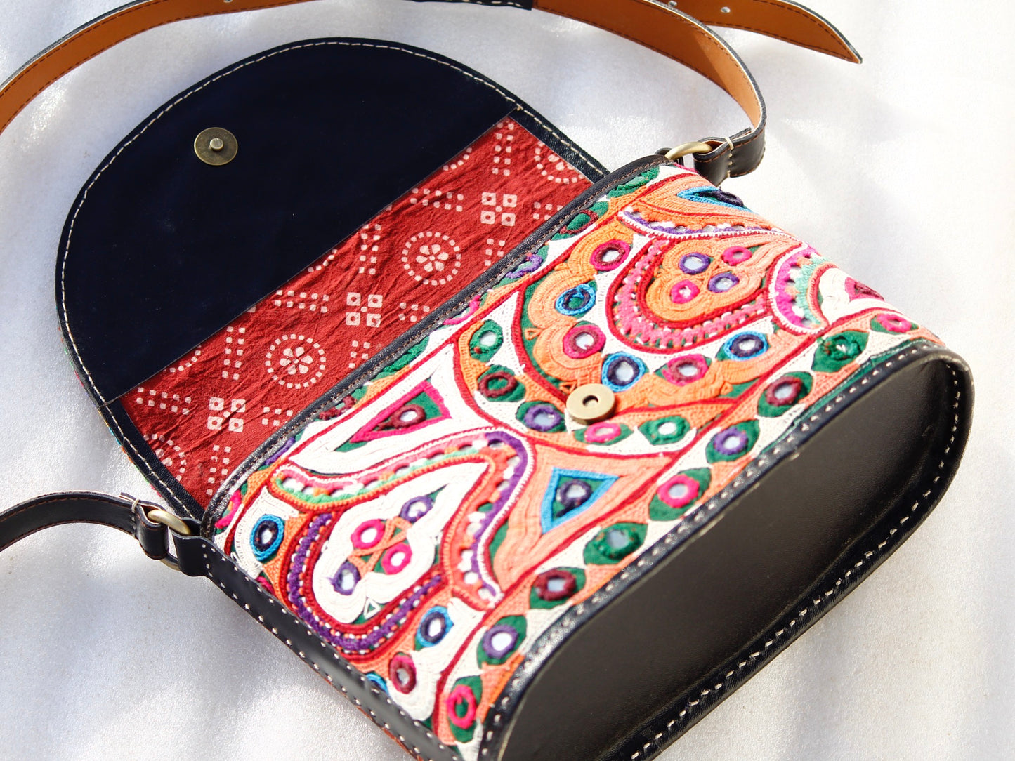 Handcrafted Leather Bag with Colorful Kutchi Embroidered Detailings