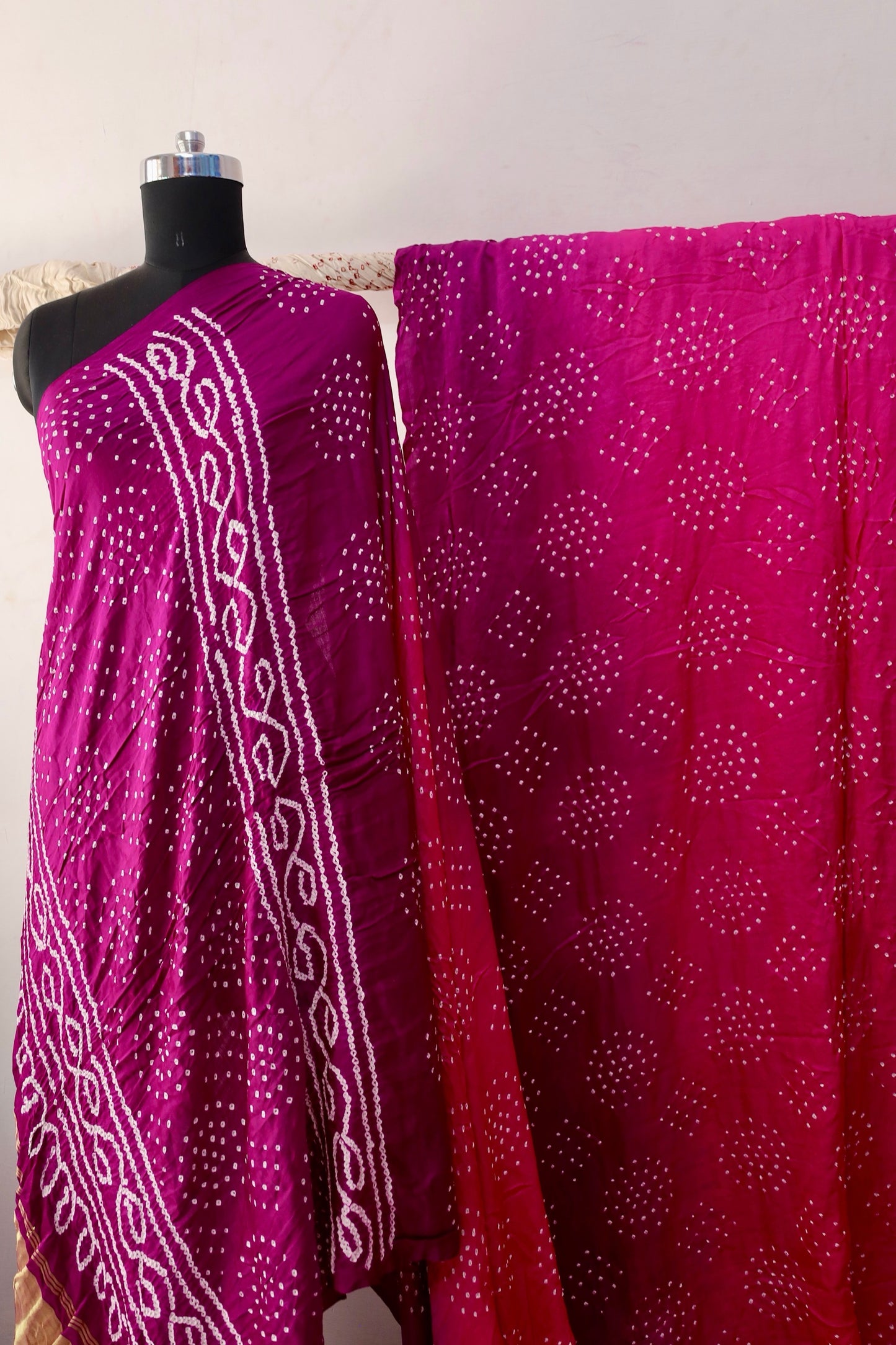 Elegant Gajji silk saree adorned with delicate Bandhani motifs and a luxurious zari pallu