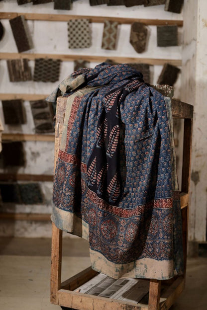 Handcrafted midnight indigo Ajrakh dupatta made from breathable mul cotton fabric