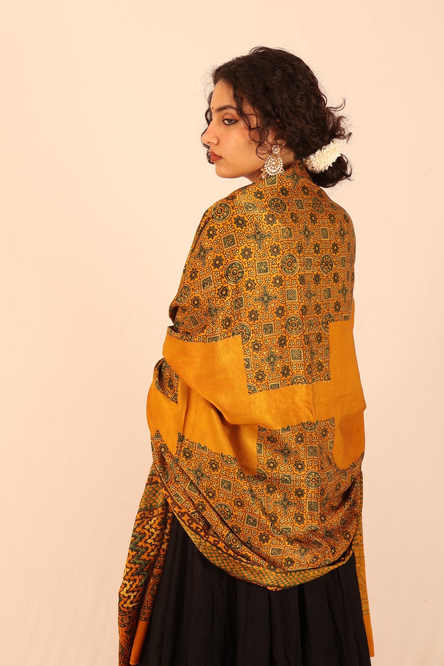 Traditional mustard Ajrakh dupatta crafted on soft modal silk fabric