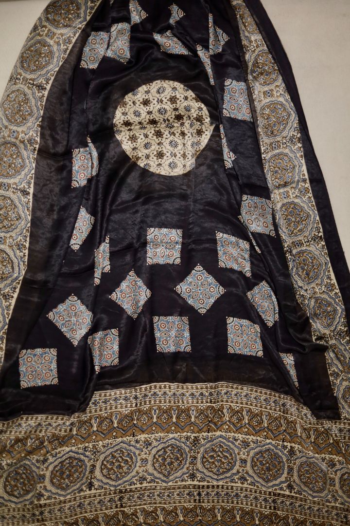 Handcrafted natural black Ajrakh dupatta made from premium modal silk with traditional Lagdi Patta detailing