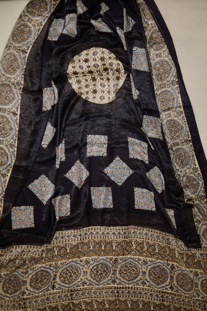 Handcrafted natural black Ajrakh dupatta made from premium modal silk with traditional Lagdi Patta detailing