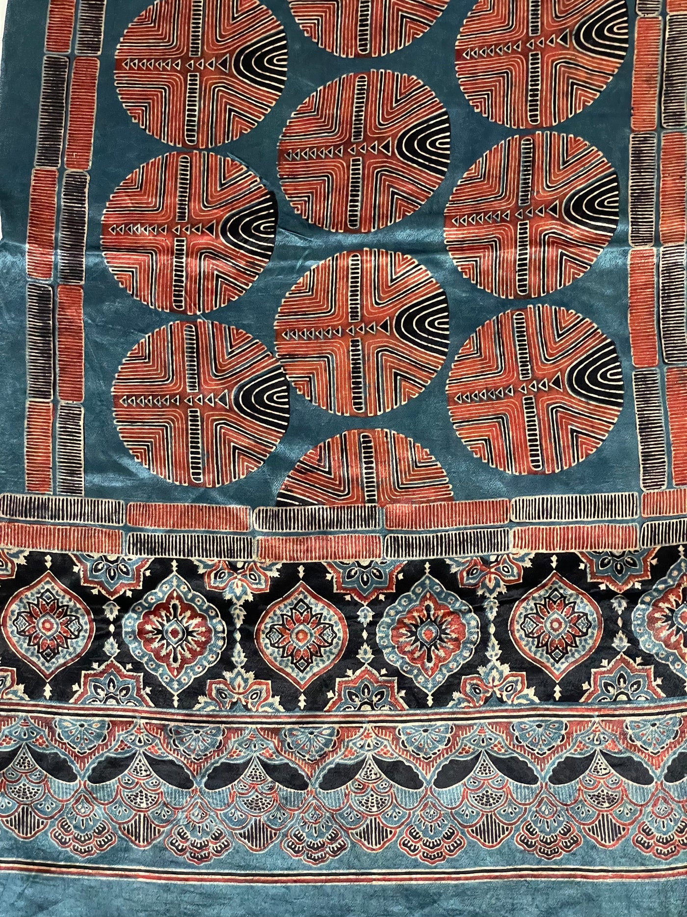 Handcrafted ocean blue Ajrakh stole made from premium Mashru silk fabric
