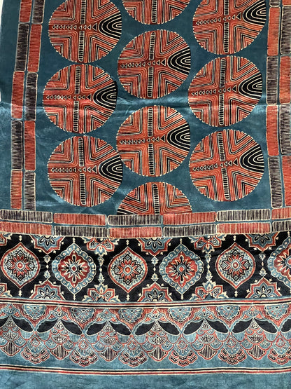 Handcrafted ocean blue Ajrakh stole made from premium Mashru silk fabric