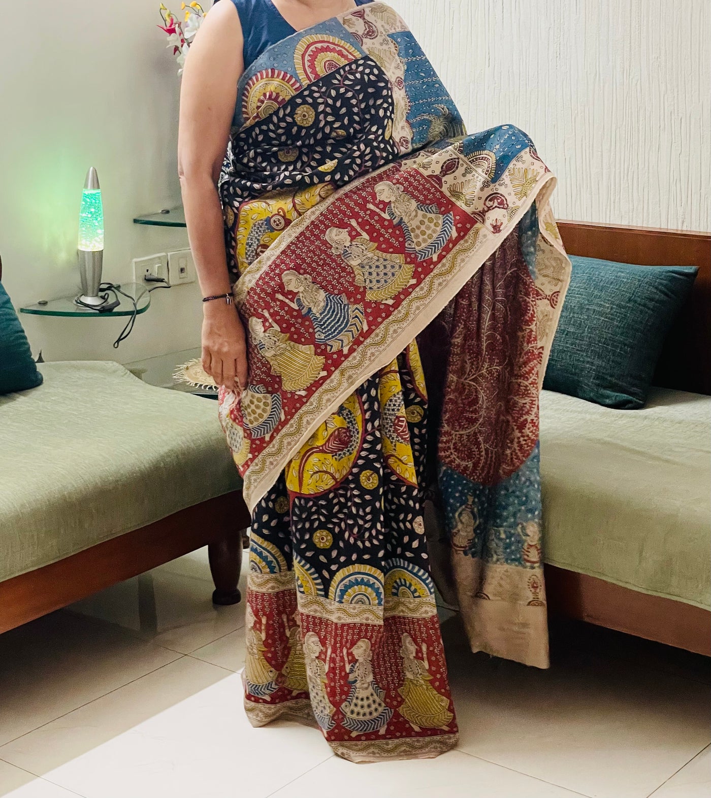 Traditional ocean Mata Ni Pachedi saree with vibrant handpainted motifs and graceful artisanal craftsmanship