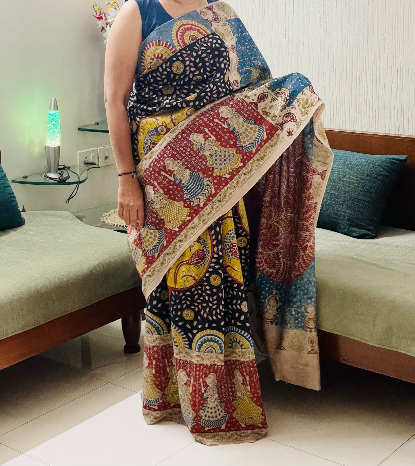 Traditional ocean Mata Ni Pachedi saree with vibrant handpainted motifs and graceful artisanal craftsmanship