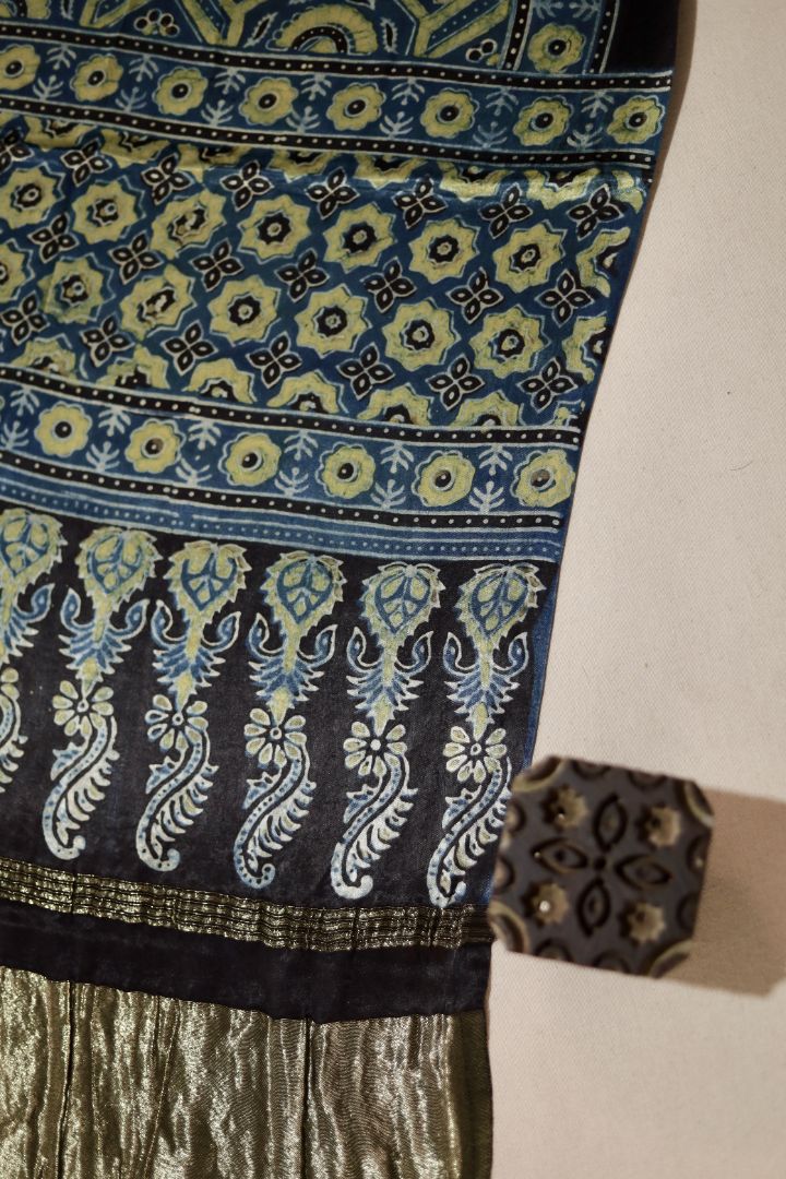 Ethnic olive blue modal silk dupatta adorned with Ajrakh patterns and Lagdi Patta accents