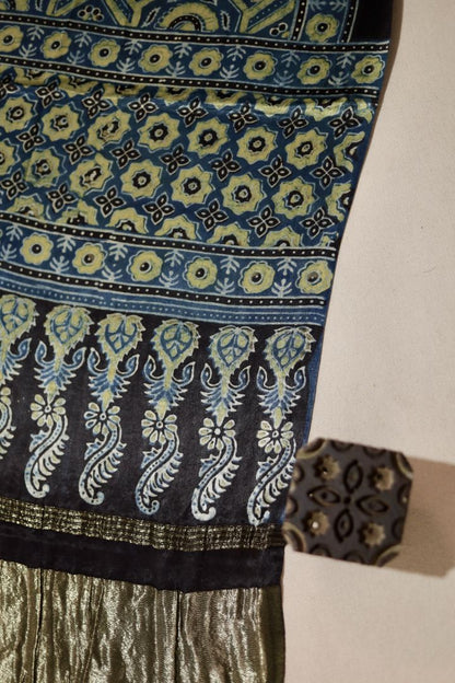 Ethnic olive blue modal silk dupatta adorned with Ajrakh patterns and Lagdi Patta accents